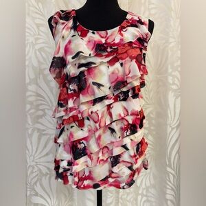 Jones New York Red, Cream and Black Floral Ruffle Tank Top